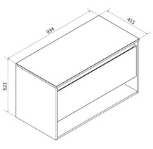 Maßzeichnung Waschtischunterschrank, eine Schublade, offenes Fach, Breite 934 Millimeter, Tiefe 455 Millimeter, Höhe 523 Millimeter.