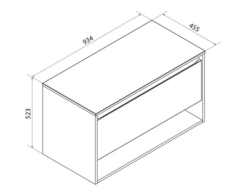 Maßzeichnung Waschtischunterschrank, eine Schublade, offenes Fach, Breite 934 Millimeter, Tiefe 455 Millimeter, Höhe 523 Millimeter.
