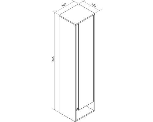 Maßzeichnung eines Bad-Hochschranks mit den Maßen: Höhe 1665 Millimeter, Breite 380 Millimeter und Tiefe 320 Millimeter.