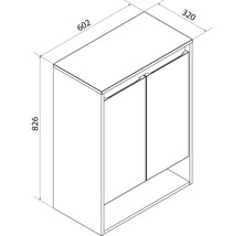 Maßzeichnung eines Schranks mit zwei Türen und offenem Fach, Breite 602 Millimeter, Tiefe 320 Millimeter, Höhe 826 Millimeter.