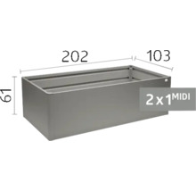 Graues Metall-Hochbeet Modell 2x1 MIDI mit den Maßen 202 Zentimeter Länge, 103 Zentimeter Breite und 61 Zentimeter Höhe.