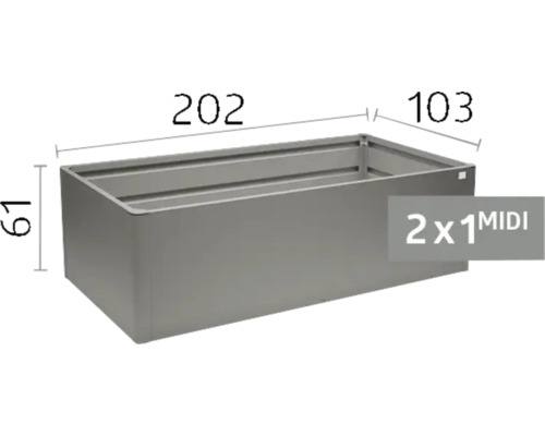 Graues Metall-Hochbeet Modell 2x1 MIDI mit den Maßen 202 Zentimeter Länge, 103 Zentimeter Breite und 61 Zentimeter Höhe.
