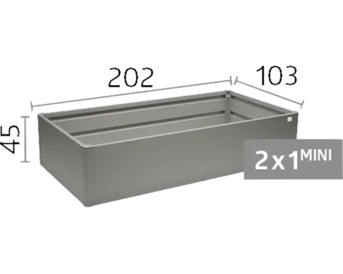 Metall-Hochbeet mit den Maßen 202 Zentimeter Länge, 103 Zentimeter Breite und 45 Zentimeter Höhe, Modell 2x1 MINI.