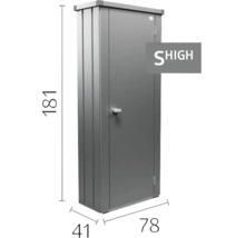 Metall-Geräteschrank mit einer Tür, Abmessungen 181 mal 78 mal 41 Zentimeter, inklusive SHIGH Logo.