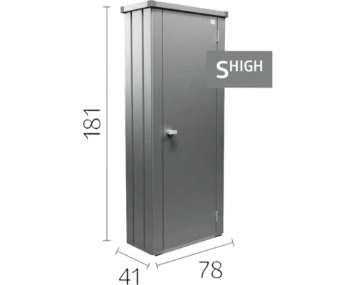 Metall-Geräteschrank mit einer Tür, Abmessungen 181 mal 78 mal 41 Zentimeter, inklusive SHIGH Logo.