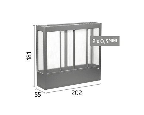 Gewächshaus-Aufsatz mit Metallrahmen und Doppelstegplatten, Höhe 181, Breite 202, Tiefe 55, bestehend aus zwei Modulen 0,5 Mini.