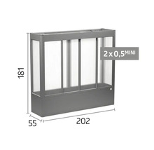 Graues Gewächshaus mit lichtdurchlässigen Paneelen, Höhe 181 Zentimeter, Länge 202 Zentimeter, Breite 55 Zentimeter.