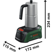 Bosch EasyMoka 18V-2 Inox Akku-Espressokocher. Maße: 234 Millimeter hoch, 172 Millimeter breit und 115 Millimeter tief.