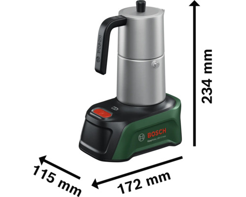 Bosch EasyMoka 18V-2 Inox Akku-Espressokocher. Maße: 234 Millimeter hoch, 172 Millimeter breit und 115 Millimeter tief.