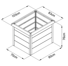 Technisches Maßblatt eines Hochbeets aus Holz mit den Maßen 103 mal 83 Zentimeter oben, 90 mal 70 Zentimeter unten und einer Höhe von 76 Zentimetern.