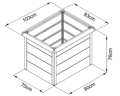 Technisches Maßblatt eines Hochbeets aus Holz mit den Maßen 103 mal 83 Zentimeter oben, 90 mal 70 Zentimeter unten und einer Höhe von 76 Zentimetern.