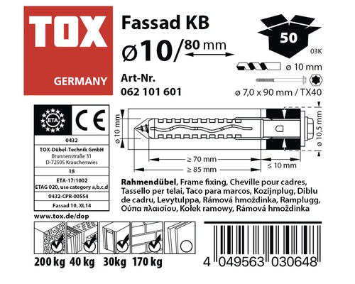 TOX Fassad KB Dübel-Verpackung mit technischen Details und Größenangaben