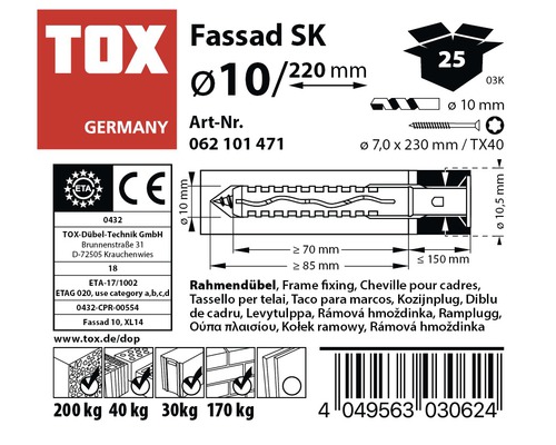 TOX Fassad SK Dübel Verpackungsaufdruck mit technischen Daten und Anwendungshinweisen