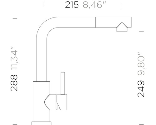 Technische Zeichnung einer Küchenarmatur mit Maßen: Höhe 288 Millimeter, Auslaufhöhe 249 Millimeter und Ausladung 215 Millimeter.