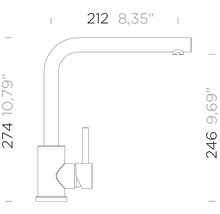 Maßzeichnung einer Küchenarmatur mit L-Auslauf. Gesamthöhe 274 Millimeter, Ausladung 212 Millimeter, Auslaufhöhe 246 Millimeter.