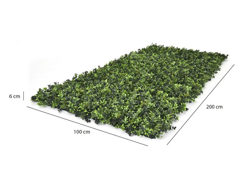 Künstliche Hecke, Maße 100 Zentimeter mal 200 Zentimeter, Tiefe 6 Zentimeter.