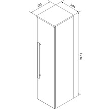Maßzeichnung eines hohen Badschranks mit Griff, Breite 325 Millimeter, Tiefe 304 Millimeter, Höhe 1216 Millimeter.