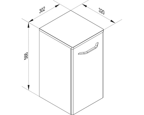 Maßzeichnung eines Schranks mit Griff. Höhe 566 Millimeter, Breite 320 Millimeter und Tiefe 302 Millimeter.