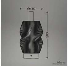 Maßzeichnung der dekorativen Tischlampe mit einem Durchmesser von 140 Millimeter und einer Höhe von 280 Millimeter.