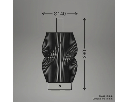 Maßzeichnung der dekorativen Tischlampe mit einem Durchmesser von 140 Millimeter und einer Höhe von 280 Millimeter.