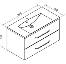 Technische Zeichnung eines Waschbeckenunterschranks mit zwei Schubladen. Breite 900 Millimeter, Tiefe 460 Millimeter, Höhe 508 Millimeter.