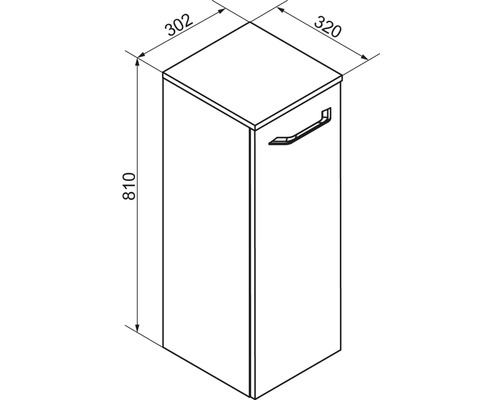 Maßzeichnung für einen Badschrank mit einer Tür und einem Griff, Höhe 810 Millimeter, Breite 320 Millimeter und Tiefe 302 Millimeter.