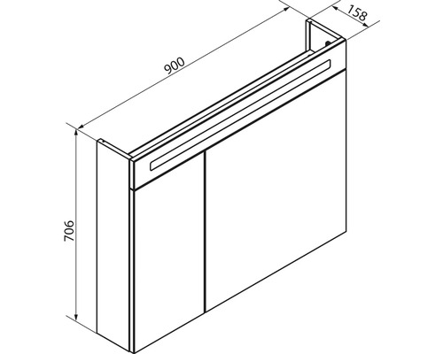 Spiegelschrank mit Beleuchtung, Breite 900 Millimeter, Höhe 706 Millimeter, Tiefe 158 Millimeter.