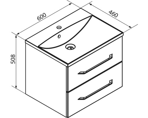 Technische Zeichnung Waschbeckenunterschrank mit zwei Schubladen und Waschbecken. Breite 600 Millimeter, Tiefe 460 Millimeter, Höhe 508 Millimeter.