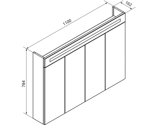 Maßzeichnung Spiegelschrank mit Beleuchtung, Breite 1100 Millimeter, Höhe 784 Millimeter, Tiefe 162 Millimeter.