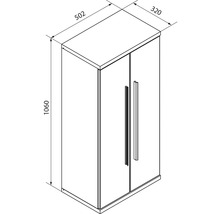 Maßzeichnung eines zweitürigen Schranks mit Griffen. Breite 502 Millimeter, Höhe 1060 Millimeter, Tiefe 320 Millimeter.