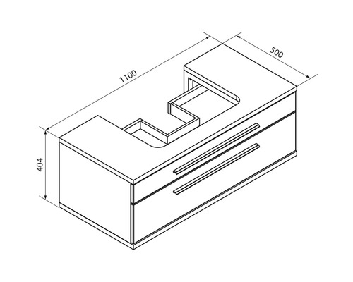 Technische Zeichnung Waschbeckenunterschrank mit zwei Schubladen, Breite 1100 Millimeter, Höhe 404 Millimeter, Tiefe 500 Millimeter.