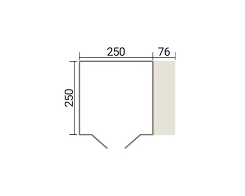 Technische Zeichnung eines Grundrisses mit Maßen von 250 Zentimeter mal 250 Zentimeter und einem zusätzlichen Anbaubereich von 76 Zentimeter.
