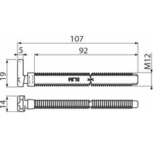 Maßzeichnung einer Hammerschraube M12 mit Angaben von 107 Millimeter Gesamtlänge und 92 Millimeter Gewindelänge.