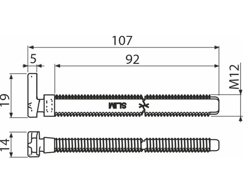 Maßzeichnung einer Hammerschraube M12 mit Angaben von 107 Millimeter Gesamtlänge und 92 Millimeter Gewindelänge.