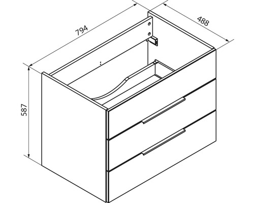 Maßzeichnung Waschbeckenunterschrank mit zwei Schubladen, Breite 794 Millimeter, Tiefe 488 Millimeter, Höhe 587 Millimeter.