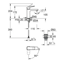 Technische Zeichnung einer Waschtischarmatur mit Maßangaben in Millimeter und Grad für Auslauf und Hebel.