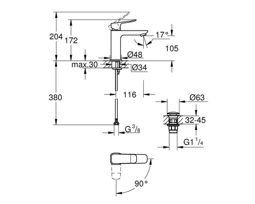 Technische Zeichnung einer Waschtischarmatur mit Maßangaben in Millimeter und Grad für Auslauf und Hebel.