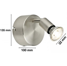 Wandspot aus Metall mit Maßen: Höhe 135 Millimeter, Breite 100 Millimeter und Durchmesser des Spots 32 Millimeter.