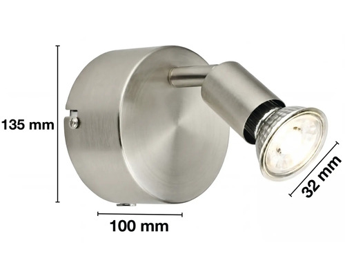 Wandspot aus Metall mit Maßen: Höhe 135 Millimeter, Breite 100 Millimeter und Durchmesser des Spots 32 Millimeter.