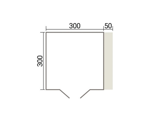 Maßzeichnung einer quadratischen Grundrissfläche mit den Abmessungen 300 mal 300 Zentimeter und einem zusätzlichen Randbereich von 50 Zentimetern.