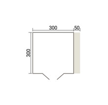 Maßzeichnung einer quadratischen Grundrissfläche mit den Abmessungen 300 mal 300 Zentimeter und einem zusätzlichen Randbereich von 50 Zentimetern.