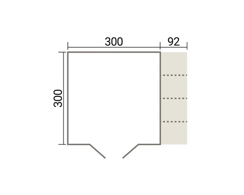 Technische Zeichnung eines Grundrisses mit Maßen von 300 mal 300 Zentimetern sowie einem seitlichen Anbaubereich von 92 Zentimetern Breite.