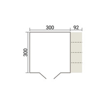 Technische Zeichnung eines Grundrisses mit Maßen von 300 mal 300 Zentimetern sowie einem seitlichen Anbaubereich von 92 Zentimetern Breite.