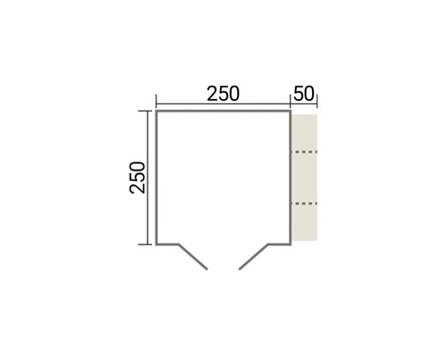 Technische Zeichnung eines Grundrisses mit den Maßen 250 mal 250 Zentimeter und einem Anbauteil von 50 Zentimetern.