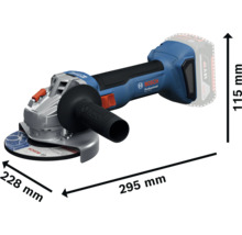 Bosch Professional Akku-Winkelschleifer mit Maßen von 295 Millimeter Länge, 228 Millimeter Breite und 115 Millimeter Höhe.