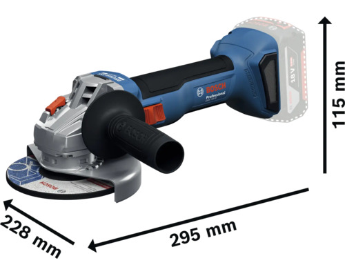 Bosch Professional Akku-Winkelschleifer mit Maßen von 295 Millimeter Länge, 228 Millimeter Breite und 115 Millimeter Höhe.