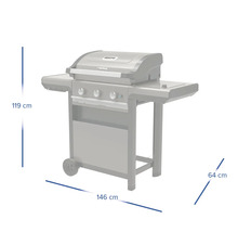 Campingaz Gasgrill mit Abmessungen: Höhe 119 Zentimeter, Breite 146 Zentimeter, Tiefe 64 Zentimeter.