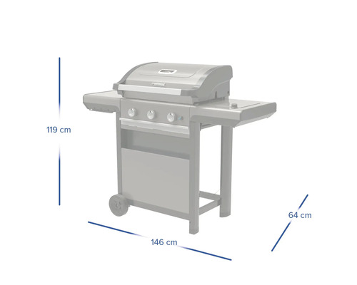 Campingaz Gasgrill mit Abmessungen: Höhe 119 Zentimeter, Breite 146 Zentimeter, Tiefe 64 Zentimeter.
