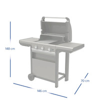 Gasgrill mit den Maßen 148 Zentimeter Höhe, 146 Zentimeter Breite und 70 Zentimeter Tiefe.