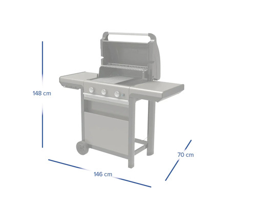 Gasgrill mit den Maßen 148 Zentimeter Höhe, 146 Zentimeter Breite und 70 Zentimeter Tiefe.